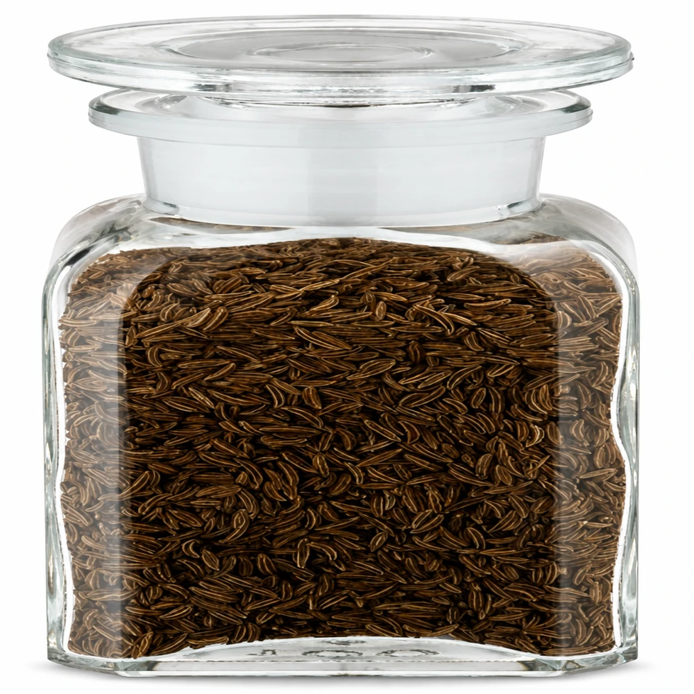 Piccolo barattolo per spezie in vetro trasparente con coperchio bianco, ideale per cumino e semi, 100 ml