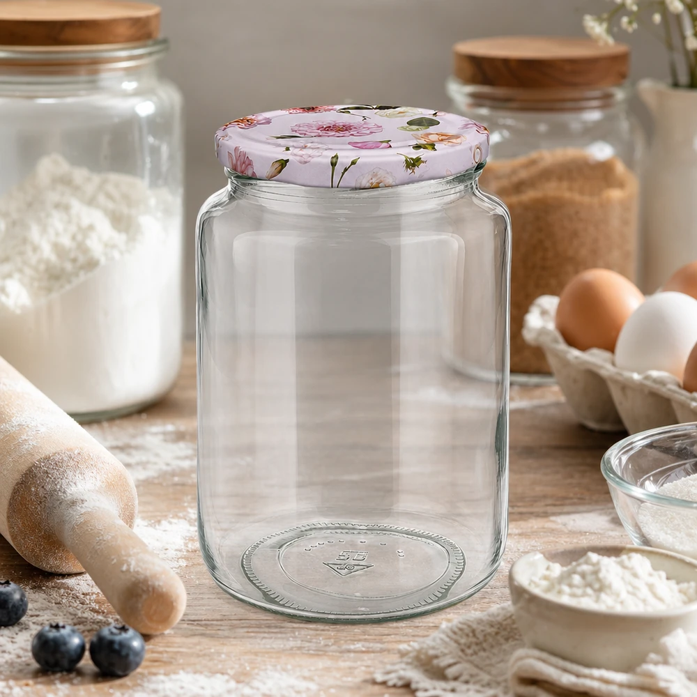 Barattolo rotondo da 795 ml vuoto su tavolo di legno cucina ingredienti da forno farina uova BasicSeal coperchio rosa fiori barattolo di stoccaggio barattolo di conservazione