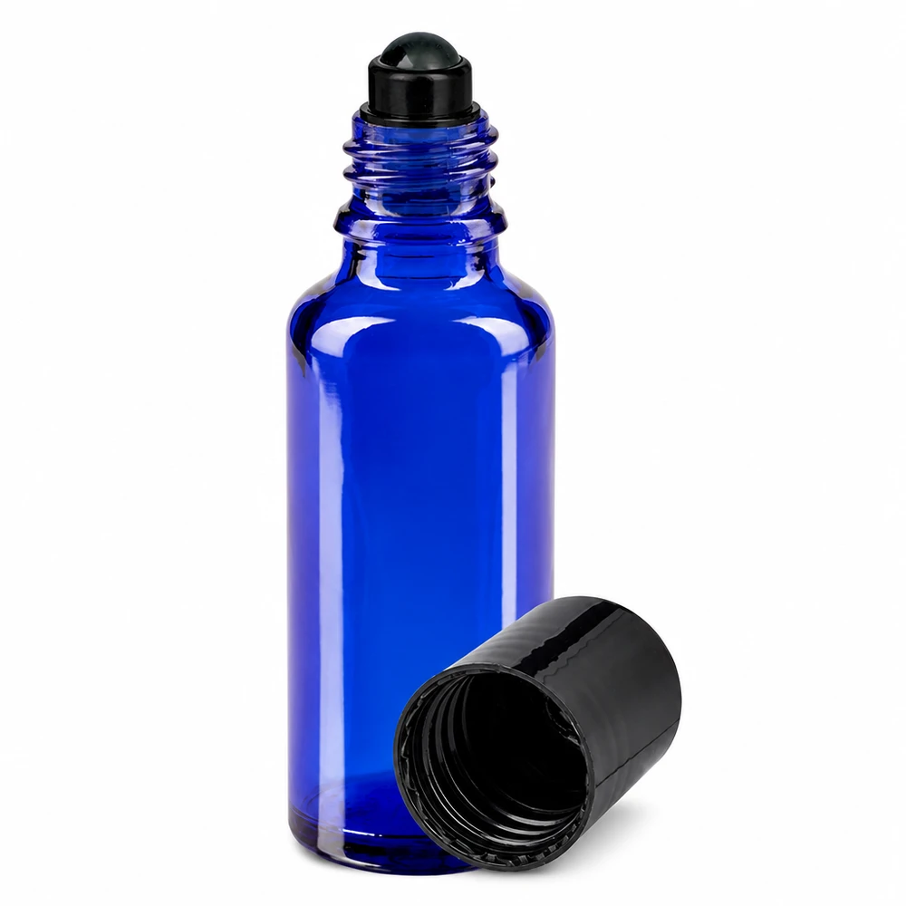 Apothekenflasche blau 30ml Roll-On Verschluss schwarz Roll-On Behälter 30ml blaues Apothekerglas UV-Schutz mit schwarzem Rollapplikator