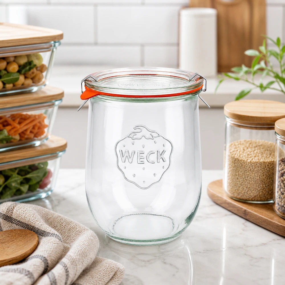 Vaso a tulipano completo da 1062 ml WECK RR100 WECK Tulpenglas 1062ml RR100 auf Marmor-Arbeitsplatte zwischen anderen Vorratsgläsern in stilvoller Küchen-Einrichtung
