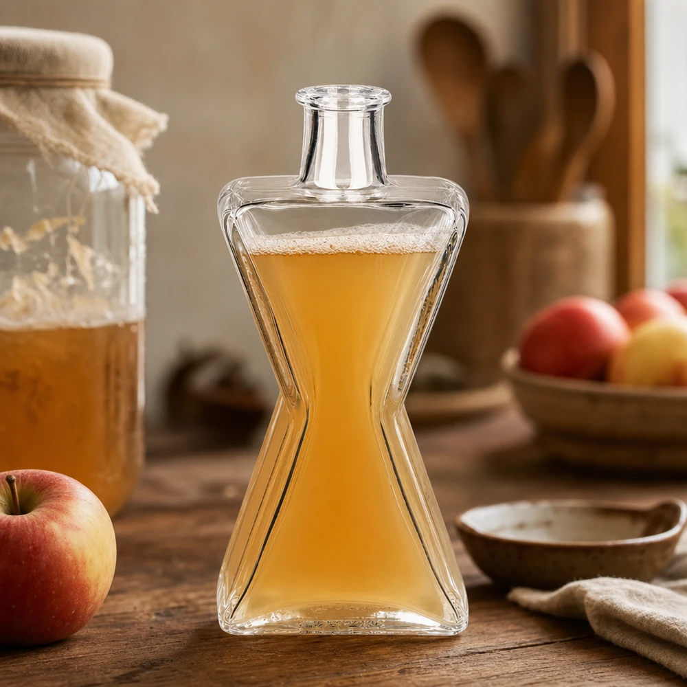 200ml Glasflasche Star mit Apfelsaft befüllt in rustikaler Küche neben frischen Äpfeln als Saftflasche