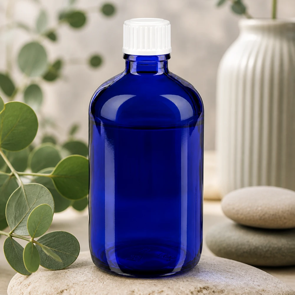 Kompakte 100ml Apothekerflasche blau mit manipulationssicherem weißem Deckel