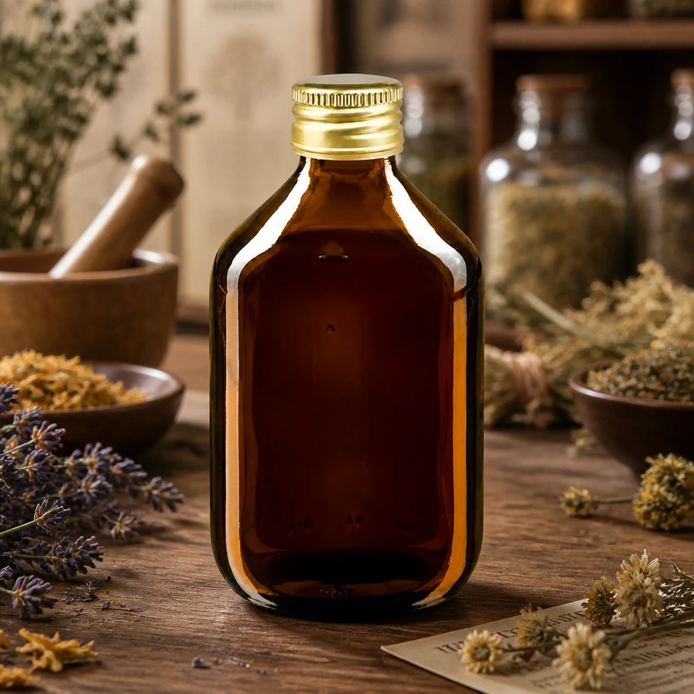 Pratico flacone per medicinali da 300 ml in vetro ambrato che protegge in modo ottimale il contenuto dalla luce nociva