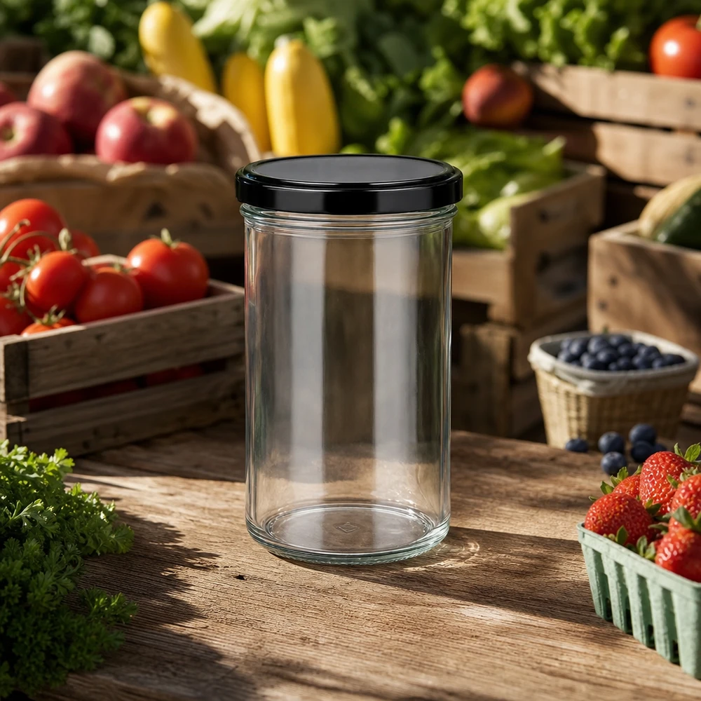 Vaso da 277 ml con coperchio nero su tavolo di legno con pomodori fragole mirtilli vaso da marmellata vaso da conserva