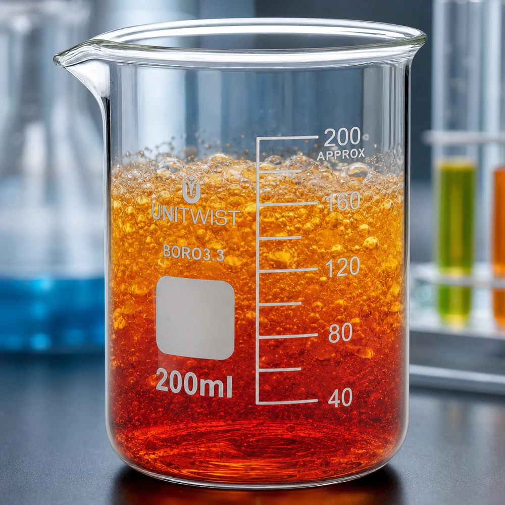 Bicchiere da 200 ml in borosilicato, stampo basso UNiTWIST Bicchiere da laboratorio da 200 ml in borosilicato, di forma bassa, contenente un liquido di reazione rosso-arancio che ribolle
