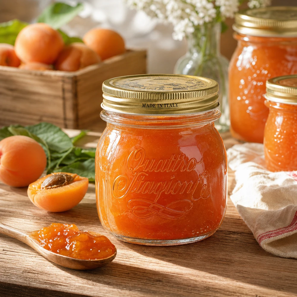 Quattro Stagioni Rundglas 250ml mit Schraubdeckel gefüllt mit Aprikosenmarmelade auf Holztisch mit frischen Aprikosen