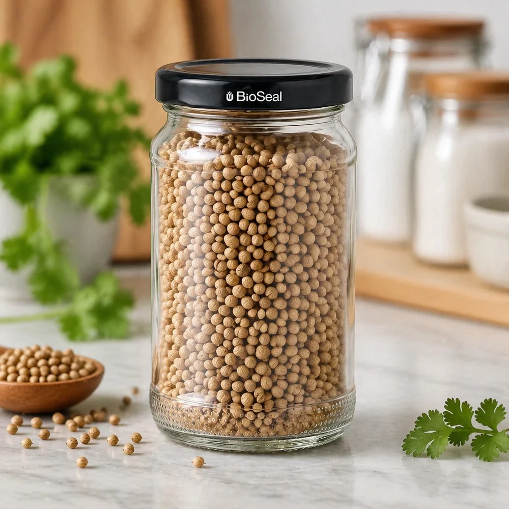 UNiTWIST Runda110 Vorratsglas mit Koriandersamen gefüllt und schwarzem TO48 BioSeal Deckel in moderner Küche