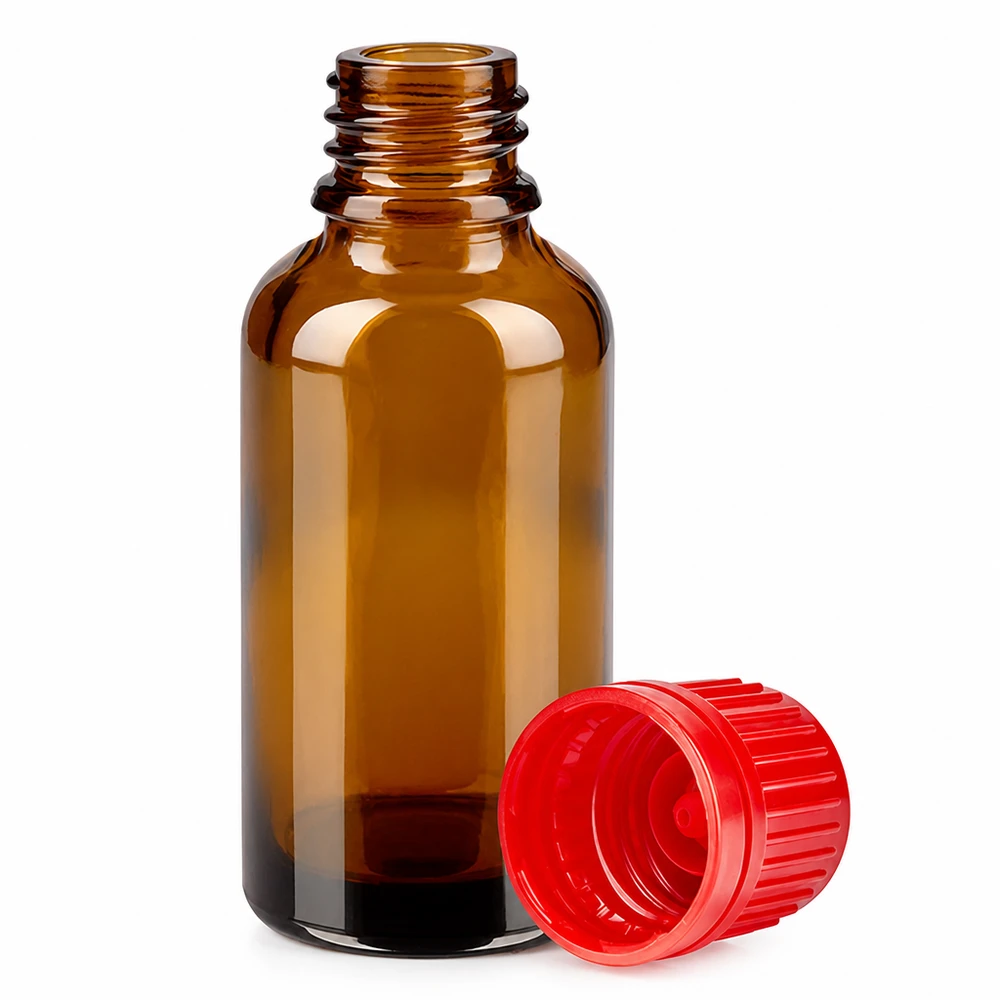 30ml Flasche 11mm Schraubverschluss rot Originalitätsverschluss BrownLine UT18/30 Bernsteinfarbene 30ml Flasche mit schützendem Braunglas und leuchtend rotem Schraubverschluss