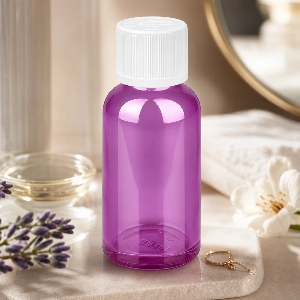 30ml Flasche 11mm Schraubverschluss weiß Standard Kindersicher PurpleLine UT18/30 Nachhaltige 30ml Glasflasche in Violett mit auslaufsicherem Verschluss für Zero Waste Lifestyle