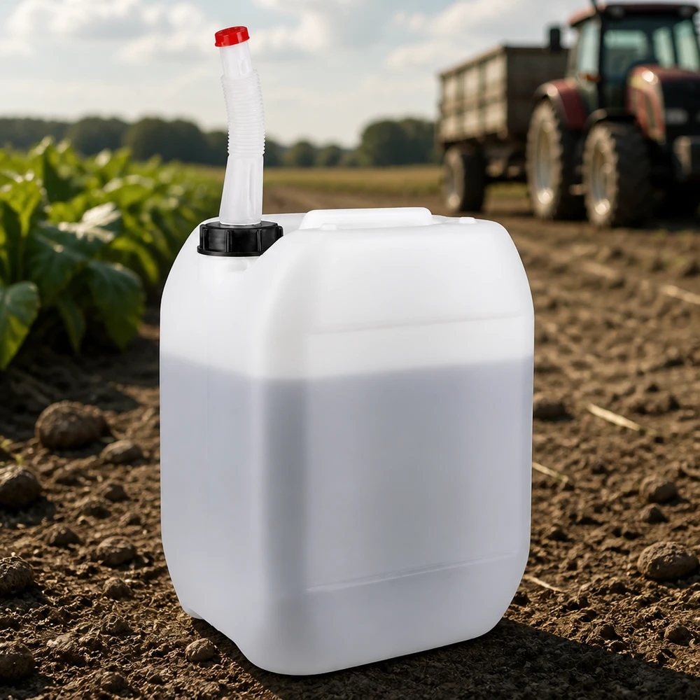 Bidon 10 litres avec tuyau d'écoulement Flex Bidon robuste de 10 litres équipé d'un bec verseur flexible, utilisé dans le cadre d'activités agricoles dans les champs