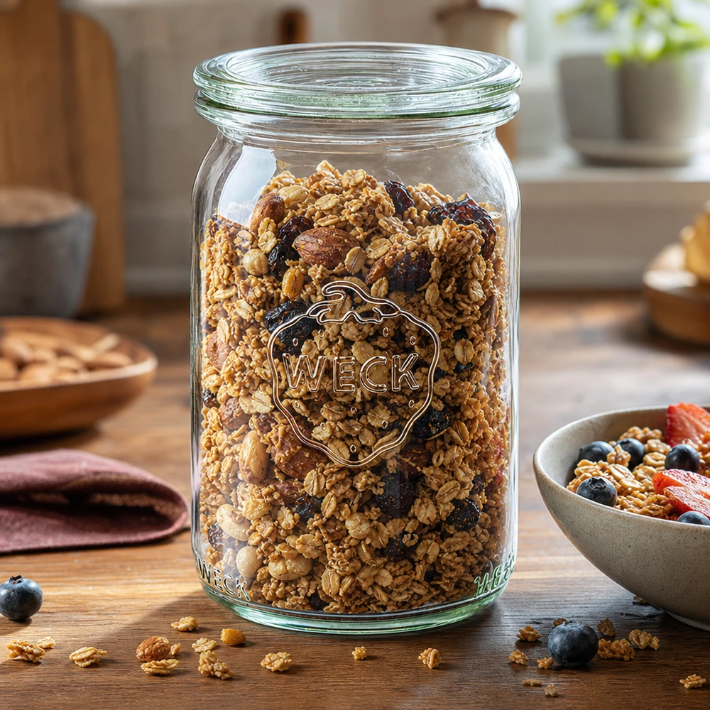 Barattolo cilindrico da 145 ml con coperchio in vetro WECK RR40 Barattolo cilindrico WECK da 145 ml pieno di muesli e noci come contenitore su un tavolo di legno in una cucina moderna