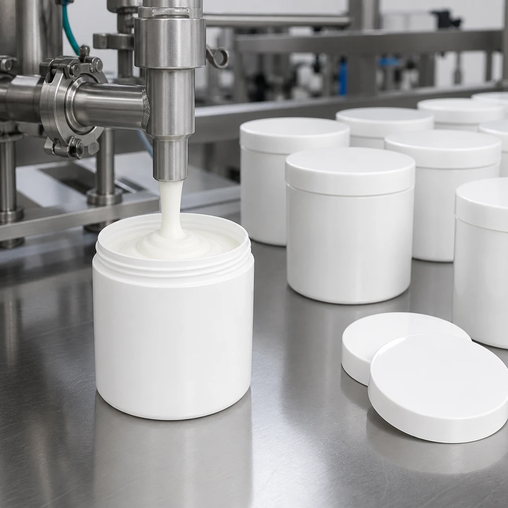 Pot à onguent blanc 50 g avec couvercle blanc (PP) Ligne de production pour pots en PP blancs de 50 g avec couvercle à vis amovible, destinés au conditionnement de crèmes