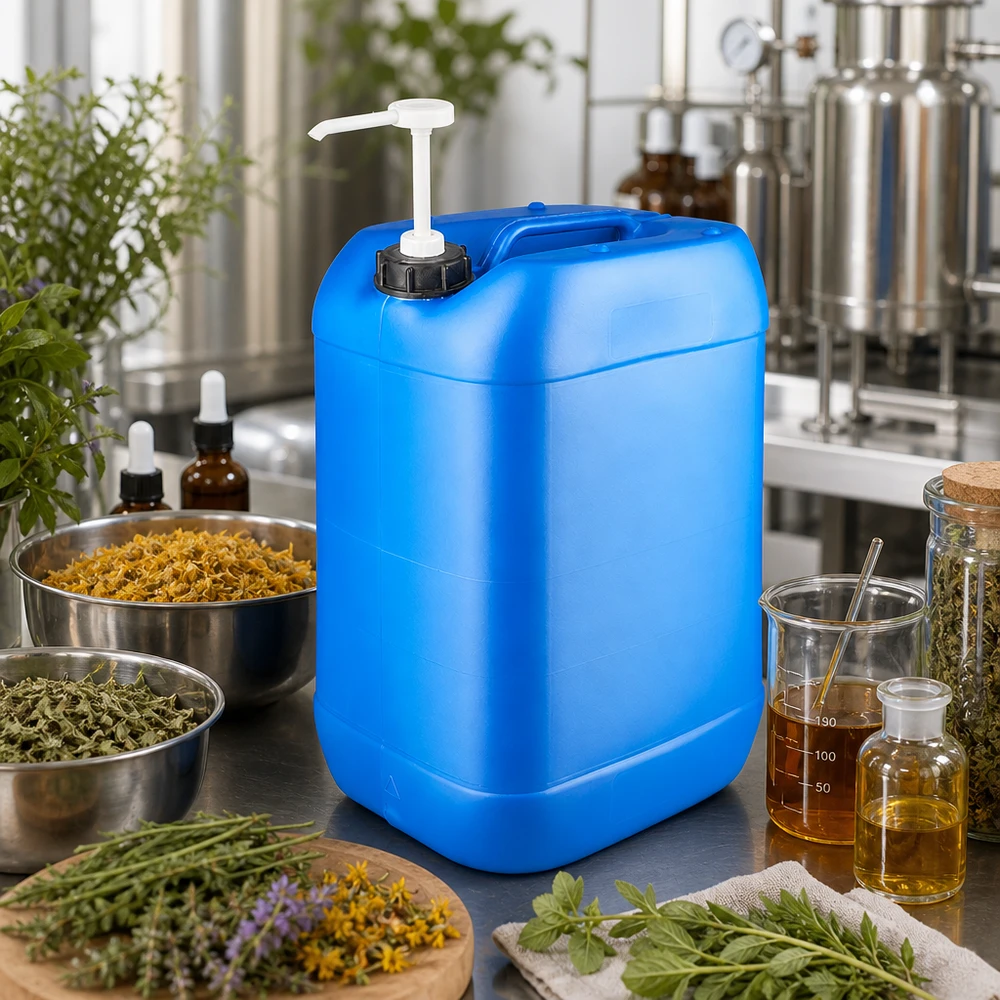 Bidon de 25 litres bleu avec pompe doseuse Bidon bleu de 25 litres muni d'une pompe doseuse, entre les herbes et les récipients en verre, dans la fabrication de cosmétiques naturels