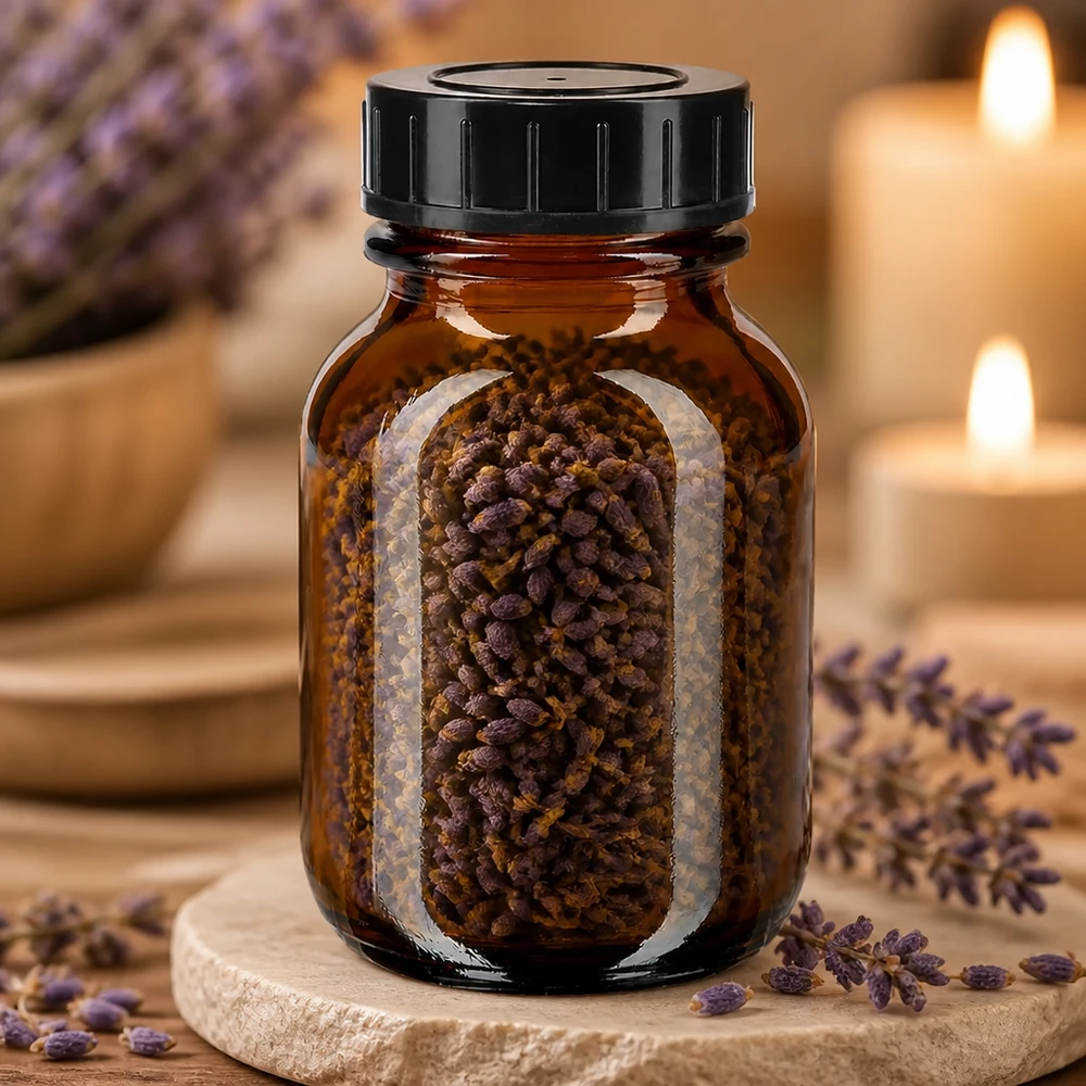 Bottiglia a collo largo da 50ml in vetro ambrato con tappo a vite