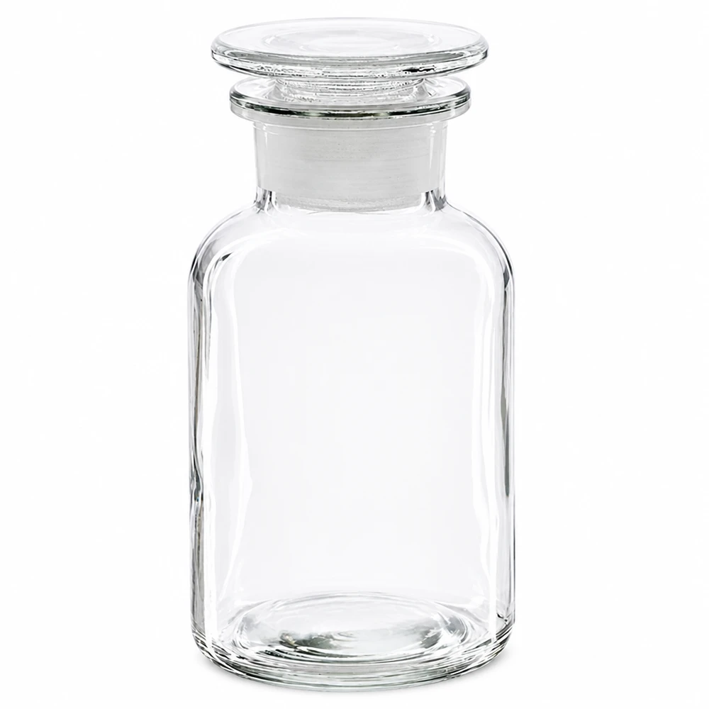 Bottiglia a spalla tonda 250ml chiara a collo largo con tappo in vetro Bottiglia trasparente a spalla arrotondata da 250 ml con tappo in vetro e collo largo, per laboratorio e farmacia