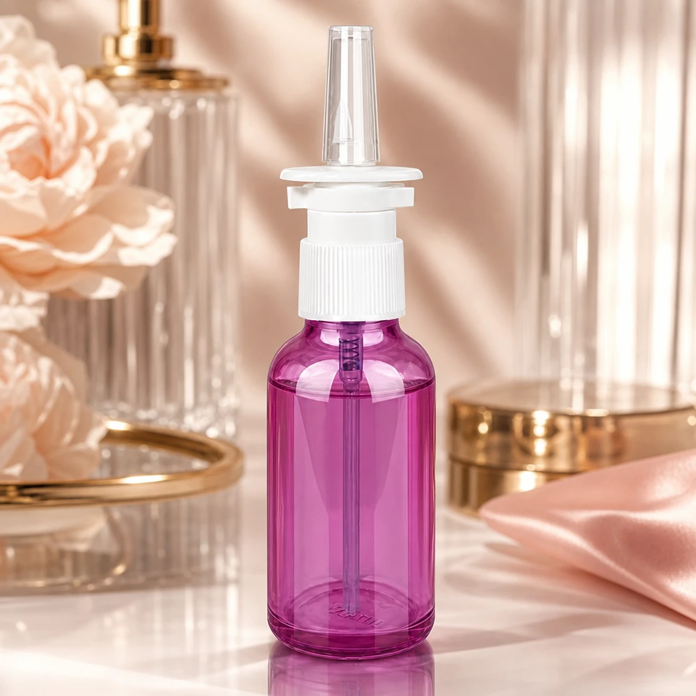 30ml Nasensprayflasche weiß/transparent Standard PurpleLine. UT18/30 30ml Nasenspray-Container Purple mit kindersicherem Verschluss und gleichmäßiger Sprühverteilung