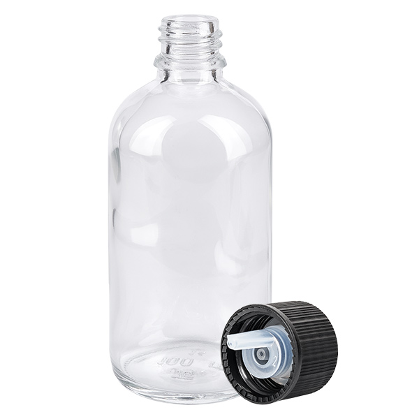 Flacone contagocce da 100 ml 1 mm nero STD ClearLine UT18/100 Flacone contagocce ClearLine da 100 ml in vetro trasparente con tappo contagocce nero e apertura da 1 mm