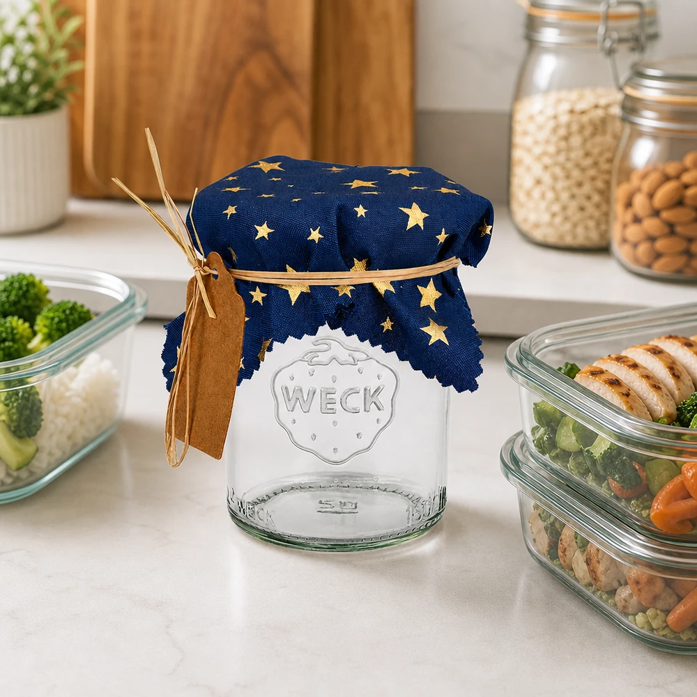 Centrino per gioielli in tessuto blu "stelle" 12cm quadrato Centrino in tessuto blu a forma di stella 12 cm su vaso WECK in una cucina moderna con ciotole per la preparazione dei pasti e barattoli di stoccaggio