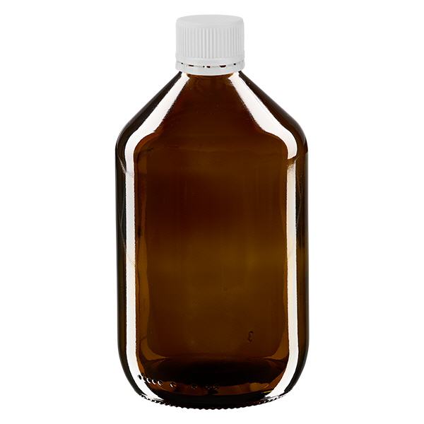 Flacone per medicinali da 500ml marrone, tappo bianco con chiusura antimanomissione Flacone per medicinali da 500ml marrone, tappo bianco con chiusura antimanomissione