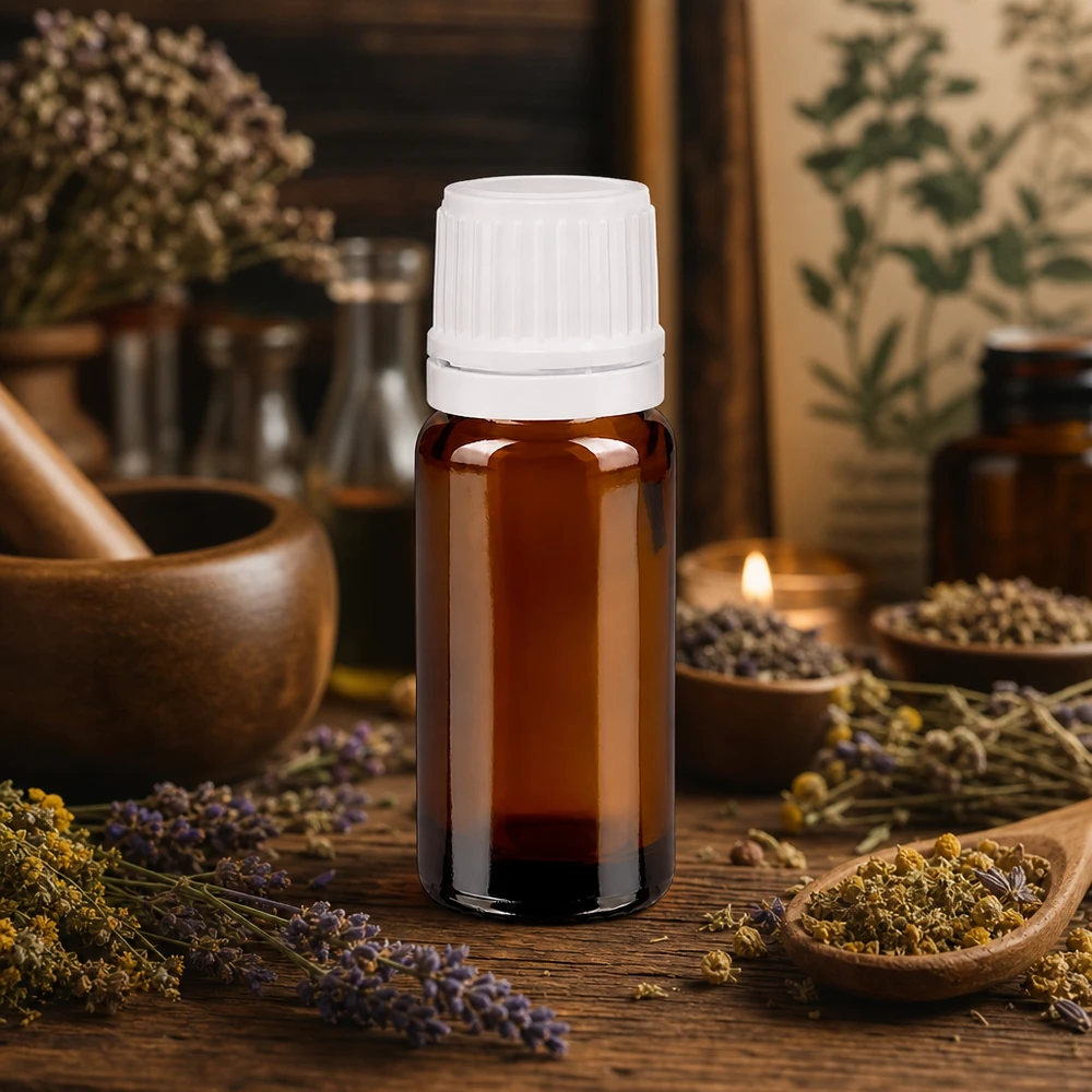 Apothekenflasche braun 10ml Schraubverschluss weiß Originalitätsverschluss Schlanke 10ml Braunglasflasche mit weißem Verschluss auf rustikalem Holz mit Heilkräutern