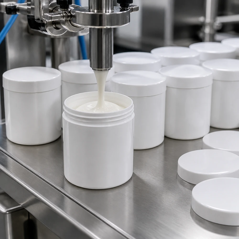 Pot à onguent blanc 800 g avec couvercle blanc (PP) Conditionnement pharmaceutique d'une crème dans un pot en PP blanc de 800 g muni d'un couvercle à vis adapté