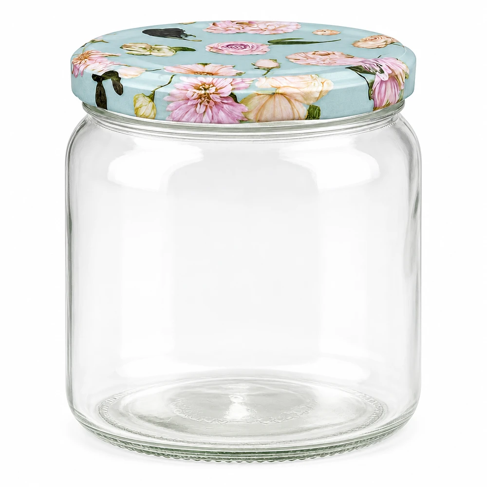 Vaso rotondo da 425 ml + coperchio BasicSeal flower mint UNiTWIST Barattolo rotondo da 425 ml con coperchio BasicSeal con motivo floreale alla menta - barattolo vuoto per conserve con motivo floreale su sfondo azzurro