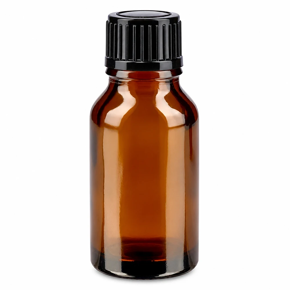 Apothekenflasche braun 15ml Schraubverschluss schwarz Standard Kompakte braune Apothekerflasche 15ml mit geripptem schwarzen Verschluss aus Glas