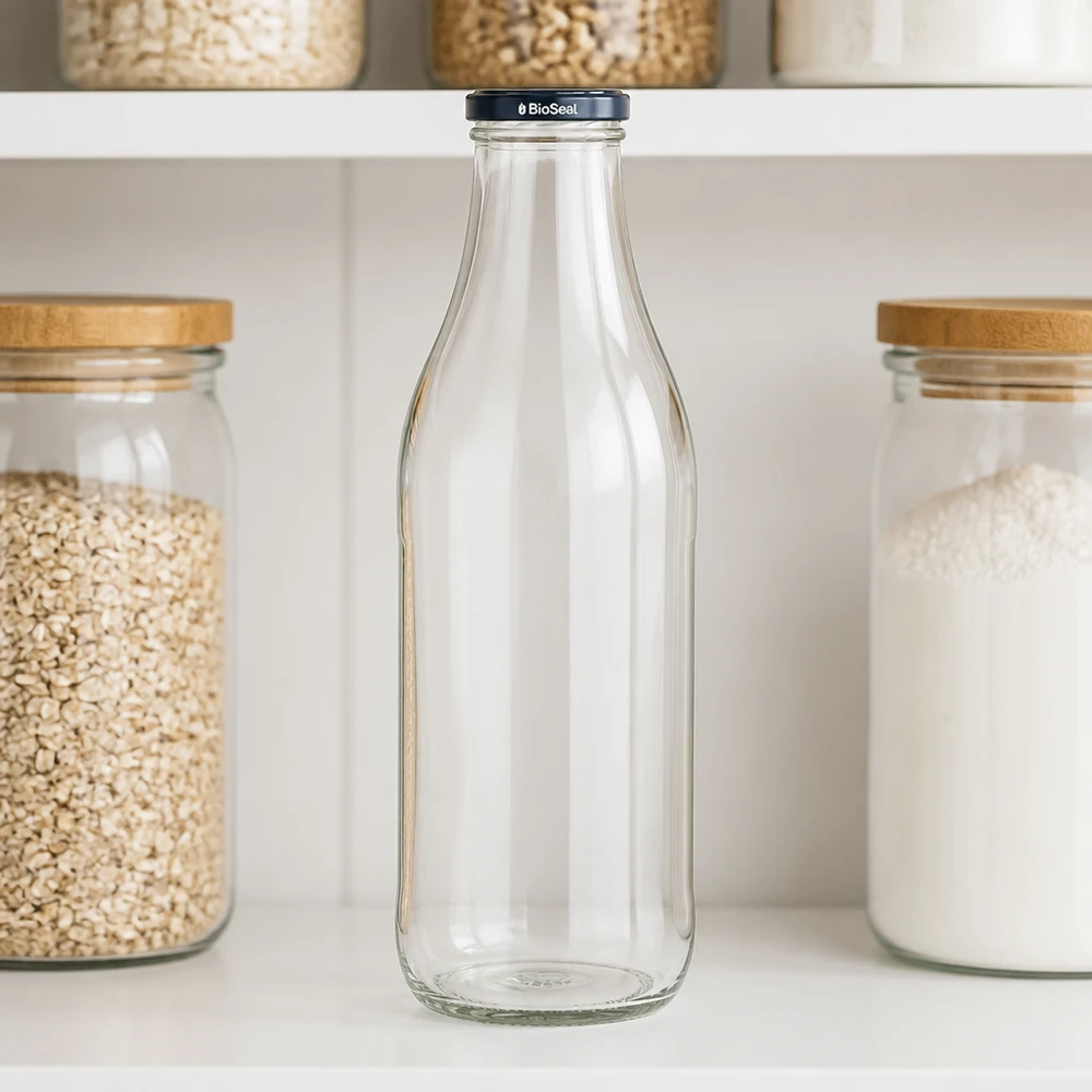 Bottiglia di vetro da 1000 ml Coperchio BioSeal nero Scaffale da cucina Stoccaggio cereali Farina d'avena Rifiuti zero