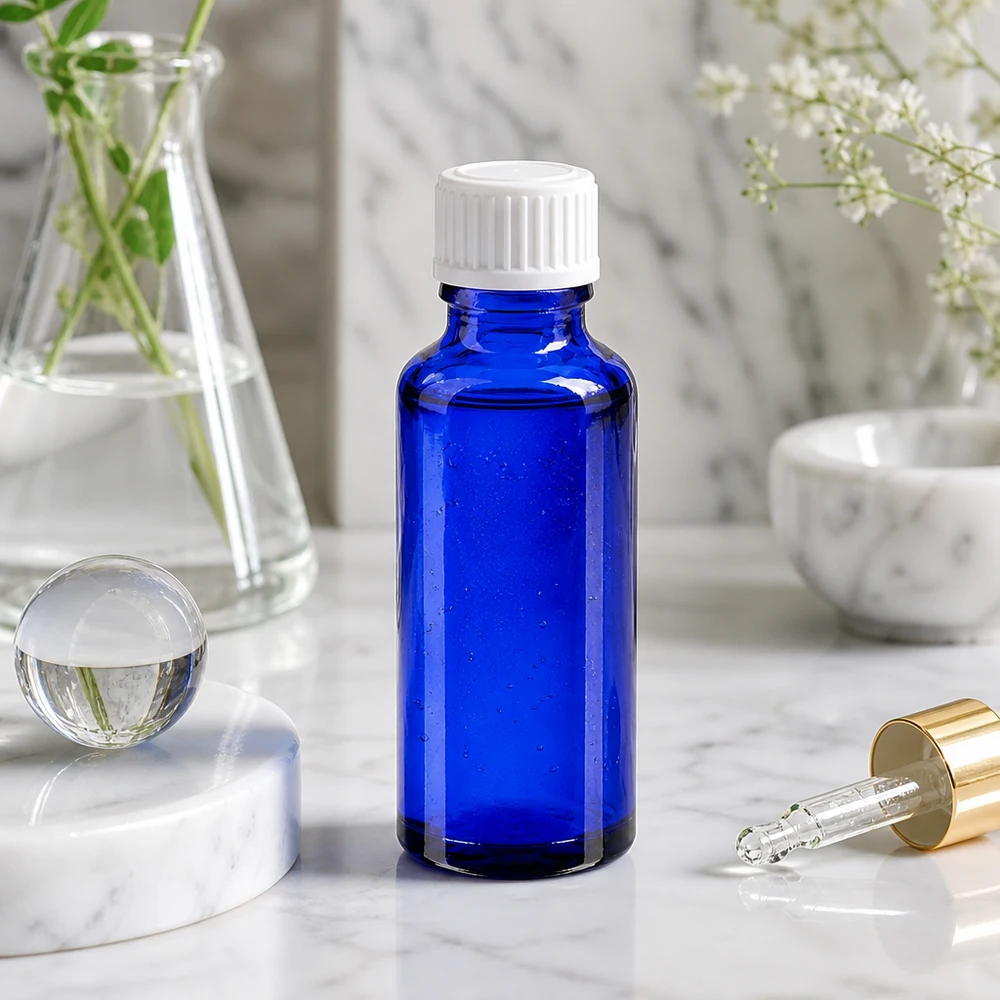 Apothekenflasche blau 30ml Schraubverschluss weiß Standard UV-Schutz Apothekerflasche blau 30ml mit weißem 11mm Verschluss für Öle und Tinkturen