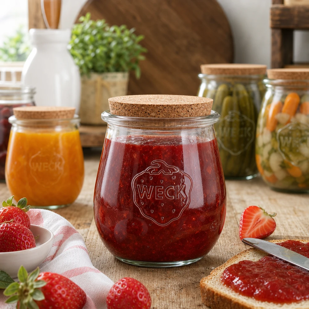 220ml Tulpenglas WECK RR60 mit Korken natur WECK Tulpenglas mit Korken gefüllt mit Erdbeermarmelade in gemütlicher Küchenumgebung mit frischen Früchten