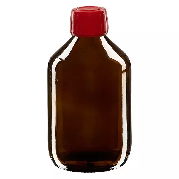300ml Medizinflasche braun, Verschluss rot mit Originalitätsring ApoGlas
