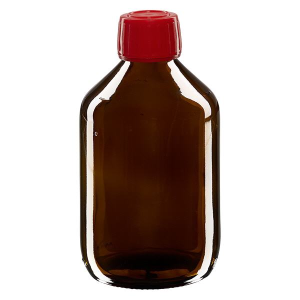 Flacone per medicinali da 300 ml marrone, tappo rosso con chiusura antimanomissione Flacone per medicinali da 300 ml marrone, tappo rosso con chiusura antimanomissione