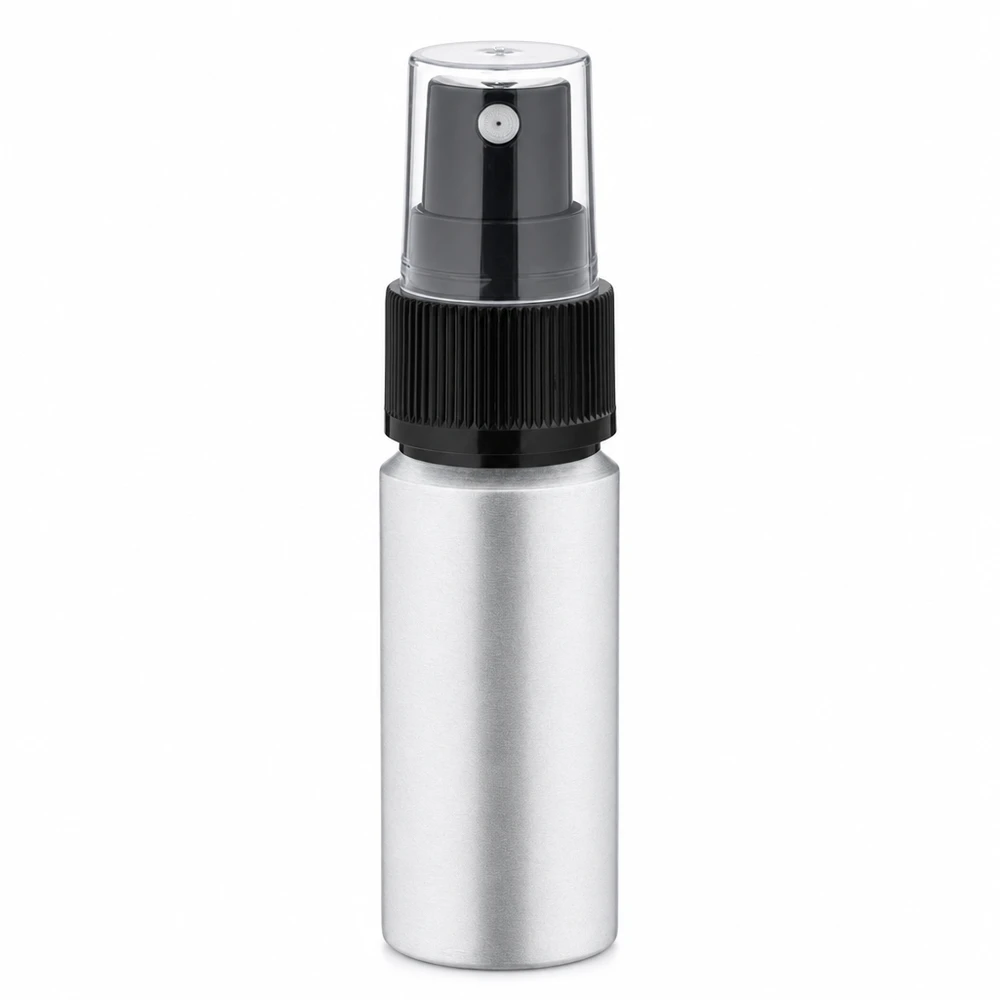 20ml gebeizte Aluflasche mit Zerstäuber Zylindrische Aluminiumflasche 20ml mit schwarzem Sprühaufsatz matt silber