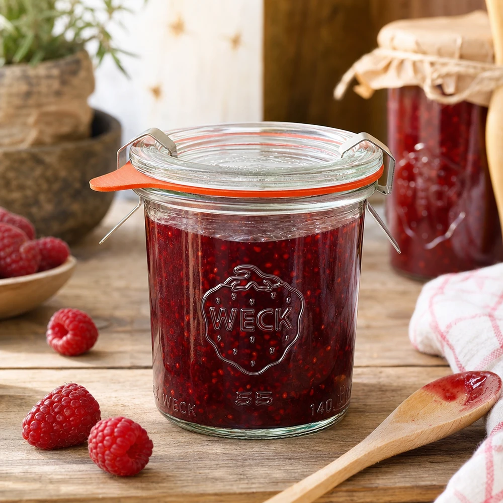 140ml Sturzglas komplett WECK RR60 WECK Einmachglas 140ml RR60 mit Himbeermarmelade gefüllt in rustikaler Küche mit frischen Beeren und Holzlöffel
