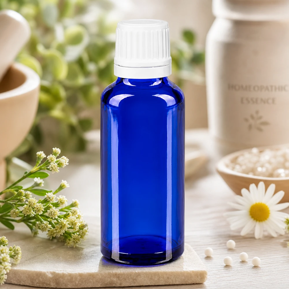 Apothekenflasche blau 30ml Tropfverschluss 1.2mm weiß Originalitätsverschluss UV-schützende 30ml Blauglasflasche mit weißem Dosierverschluss für empfindliche Natursubstanzen
