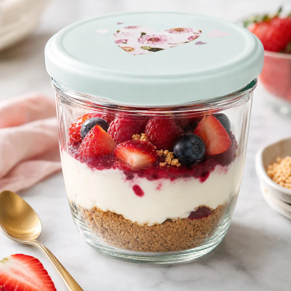 230ml Sturzglas + BasicSeal Deckel Herz mint UNiTWIST Beeren-Dessert im 230ml Sturzglas mit mint BasicSeal Herz-Deckel, Schichtdessert mit Joghurt und frischen Früchten