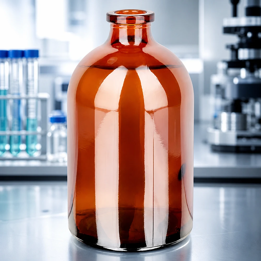 Flacone per iniezione in vetro ambrato 100ml Injektionsflasche 100ml Braunglas mit bauchiger Korpusform und engem Rollrandhals ohne Verschluss