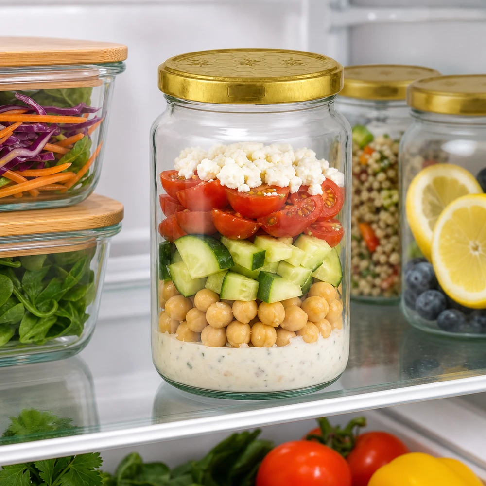 Barattolo rotondo da 795 ml con coperchio dorato per preparare l'insalata in frigorifero - perfetto per la conservazione