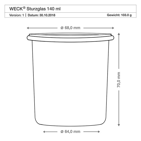 WECK mini tumbler 140ml completo di cucchiaio per miele WECK tumbler 140ml disegno tecnico dimensioni dimensioni 68mm diametro 70mm altezza specifiche prodotto