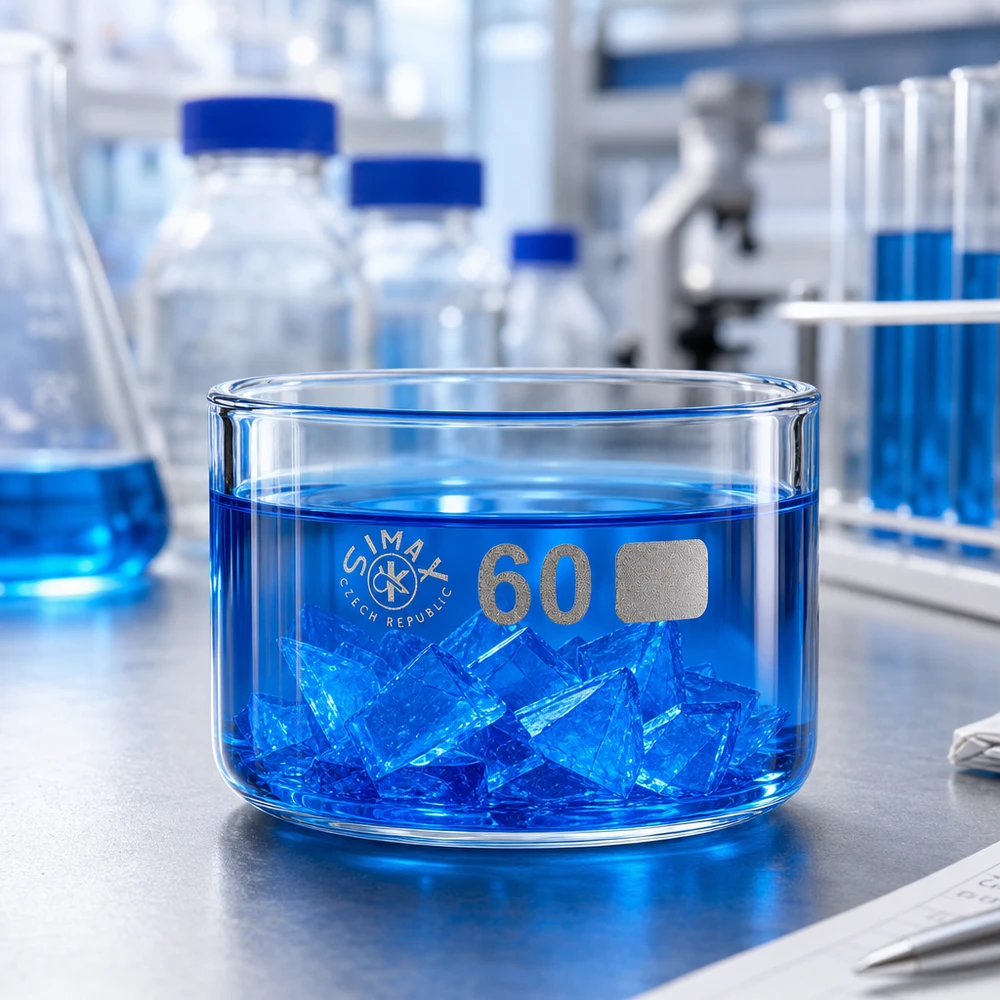 60ml Kristallisierschale ohne Ausguss Borosilikat ø60mm Niedrige Glasschale 60ml Simax für Präzisionsexperimente mit blauen Kristallen