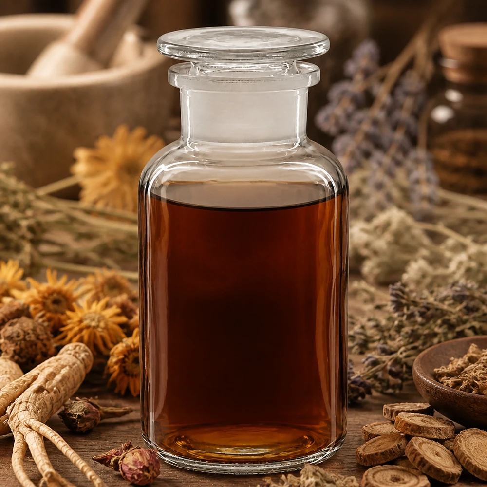 Bottiglia a spalla tonda da 500ml in vetro trasparente a collo largo con tappo Fiaschetta da farmacia da 500 ml trasparente a collo largo con tappo di vetro, circondata da erbe medicinali essiccate