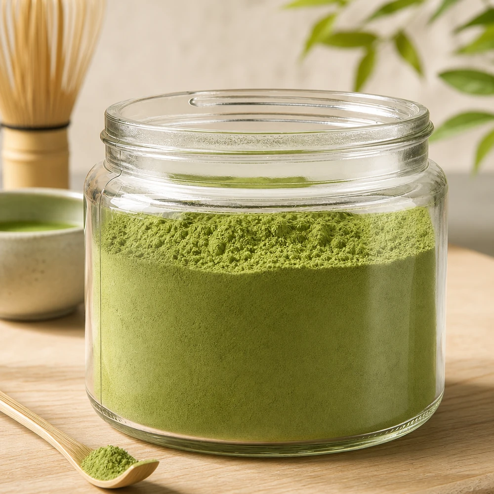 Vasetto per unguenti (vasetto di vetro) 250 ml trasparente, senza coperchio Barattolo di vetro trasparente da 250 ml riempito di polvere di matcha verde accanto a un frullino di bambù su un tavolo di legno Preparazione del tè