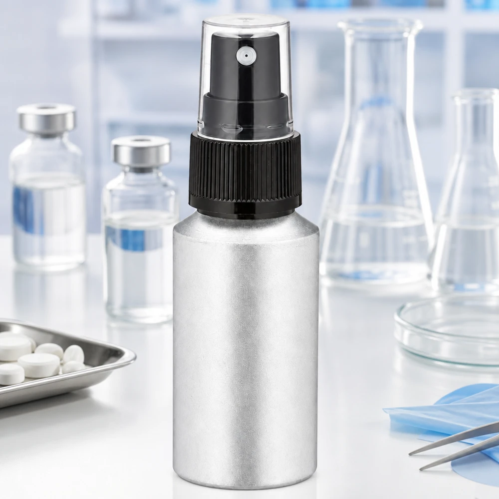 Flacone in alluminio da 30 ml con finitura opaca e sistema di spruzzatura preciso per uso professionale