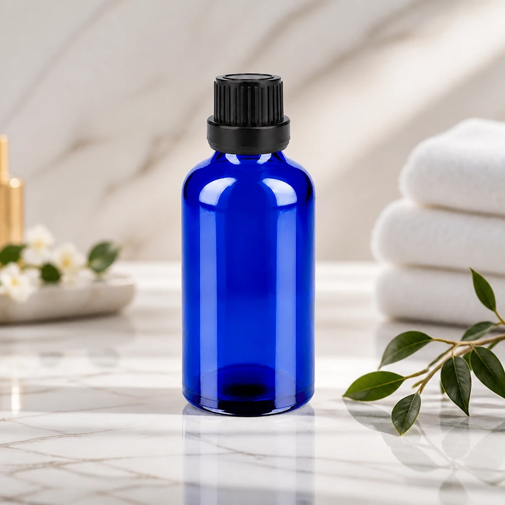 Bottiglia ecologica riutilizzabile da 50 ml in vetro cobalto con tappo a vite riutilizzabile