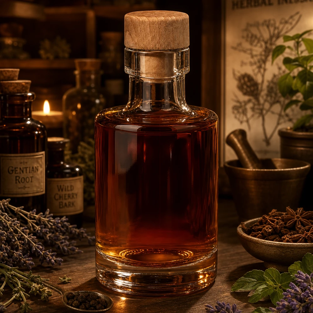 Bottiglia da 100 ml in vetro Marie con tappo in legno riempita con tintura marrone in ambiente speziale con erbe e spezie