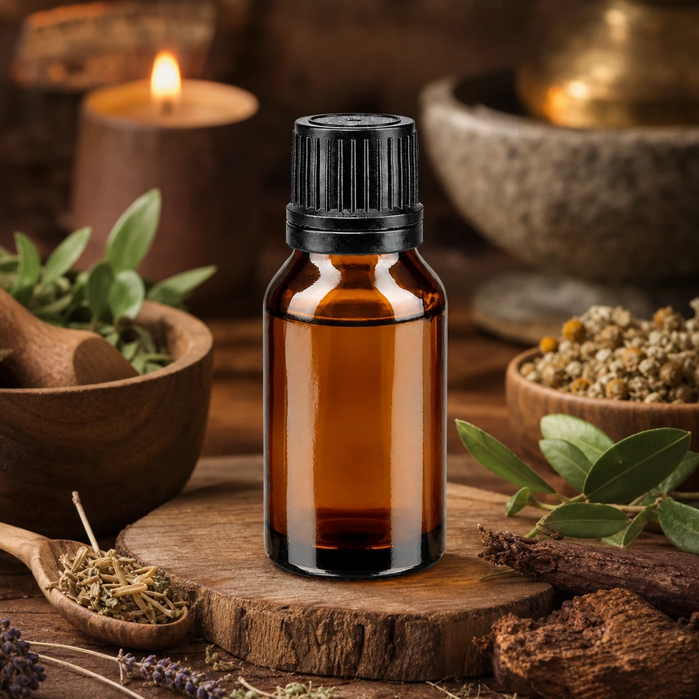 Apothekenflasche braun 15ml Tropfverschluss Giessring 1mm schwarz Originalitätsverschluss Medizinische Braunglasflasche 15ml mit schwarzem Tropfverschluss neben Kamillenblüten