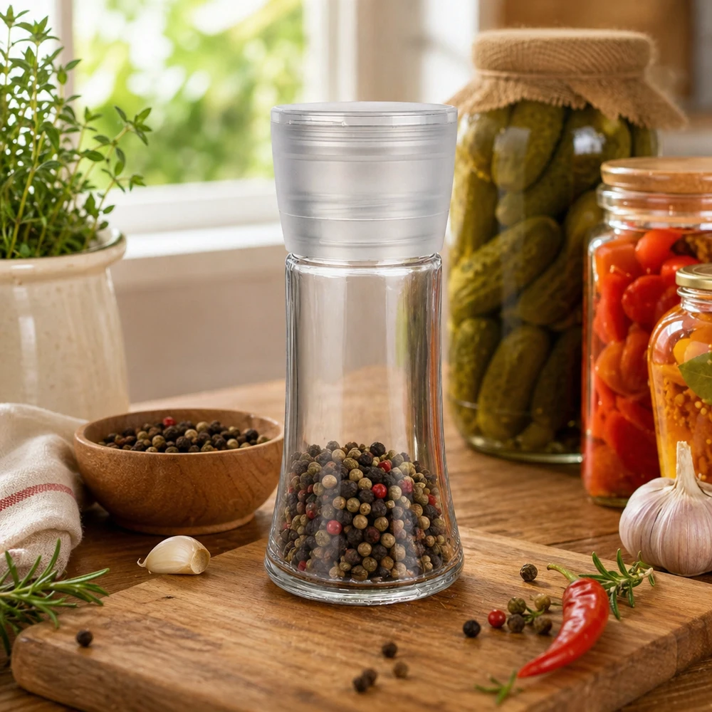 Pot à sel/épices 95 ml avec moulin Vario blanc Kompakte Salzmühle Vario 95ml aus Klarglas mit Kunststoffmechanismus für Gewürzkörner