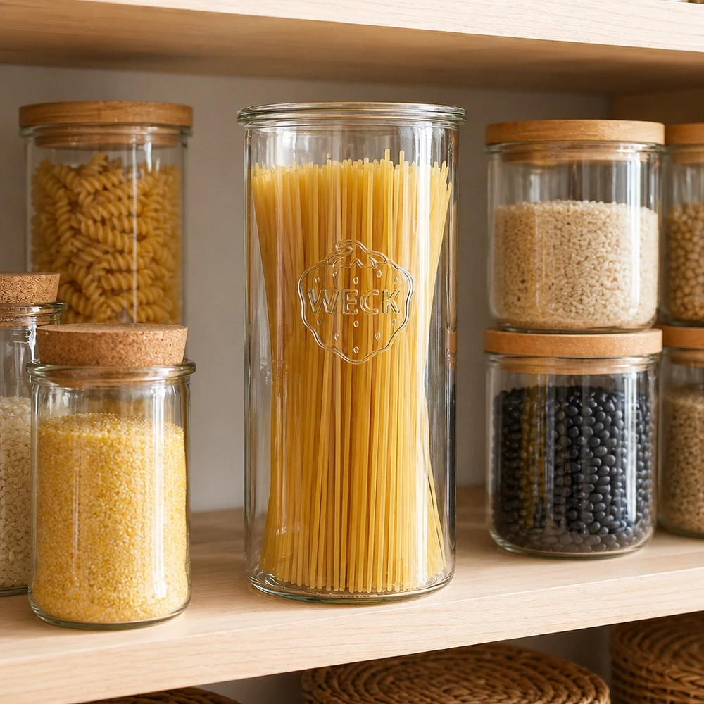 Barattolo di vetro WECK RR100 da 1500 ml Bicchieri WECK RR100 da 1500 ml riempiti di spaghetti in una dispensa organizzata, accanto ad altri barattoli.