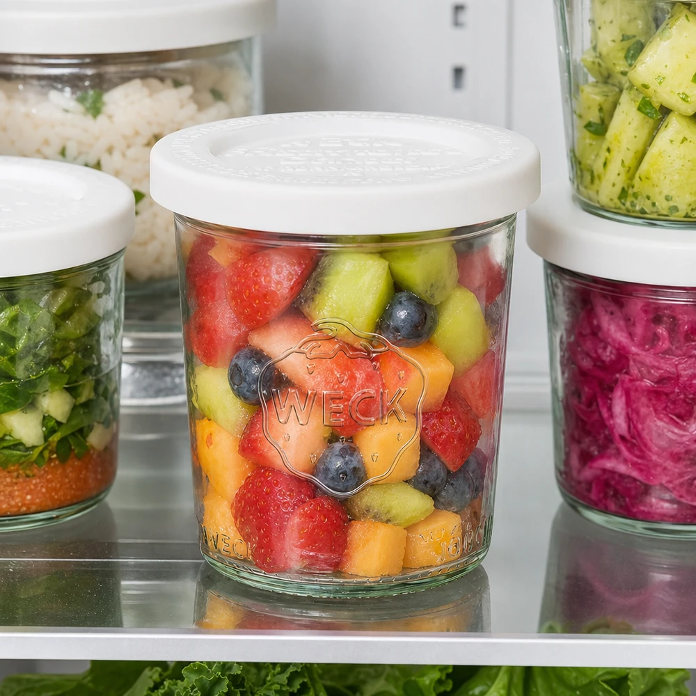 Vaso di vetro da 160 ml con coperchio salva-freschezza WECK RR60 Bicchieri WECK 160ml RR60 con macedonia colorata in frigorifero - Contenitore per la preparazione dei pasti con frutta fresca