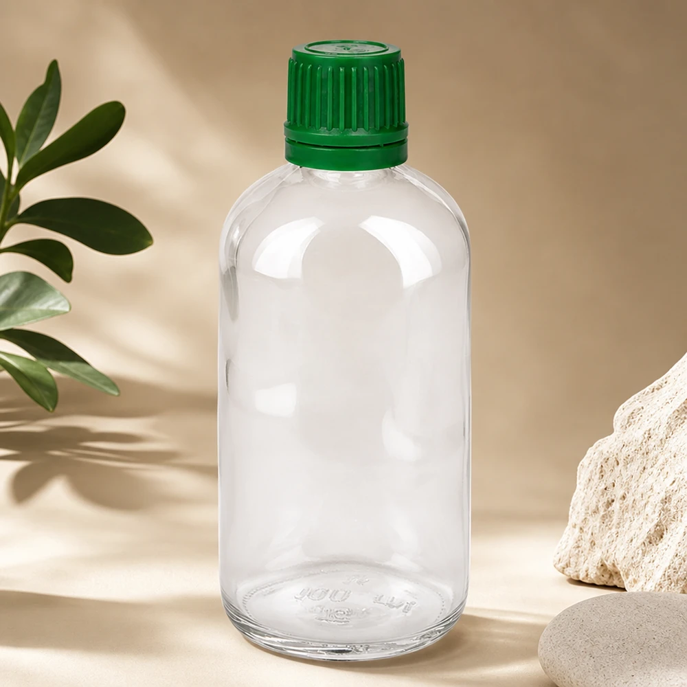 Flacone da farmacia trasparente ClearLine da 100 ml con tappo verde a prova di bambino da 11 mm SV OV